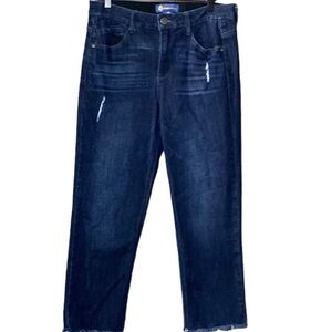 Democracy Dark Wash Absolution Slim Straight Distressed
Raw Hem Ankle Jeans